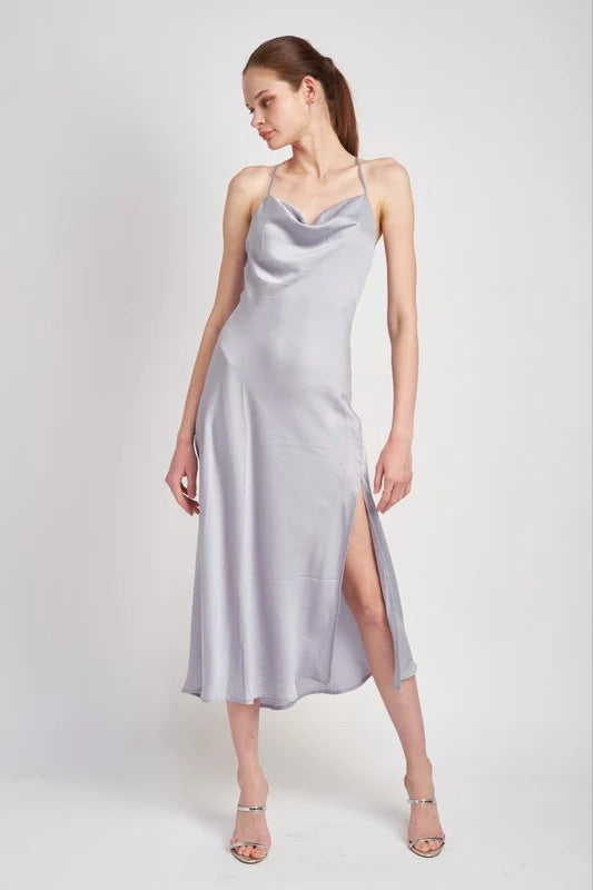 Cowl Neck Slip Midi Dress Light Blue