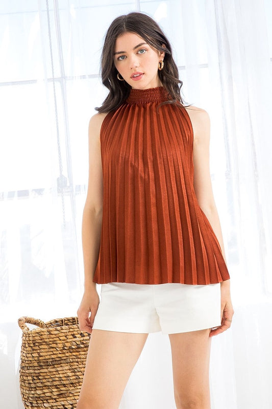 Sleeveless Smock Neck Top in Rust