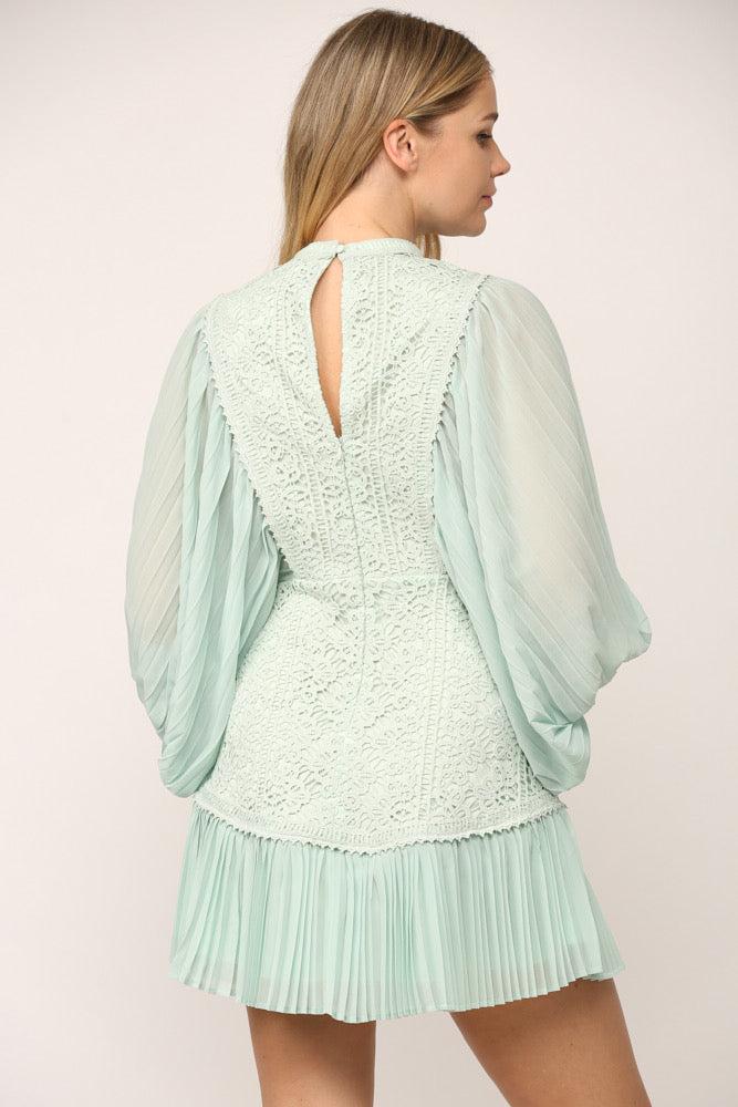 Mint Pleated Sleeve Lace Dress.