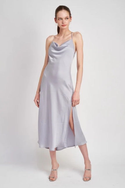 Cowl Neck Slip Midi Dress Light Blue