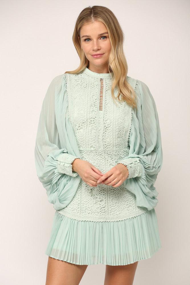 Mint Pleated Sleeve Lace Dress.