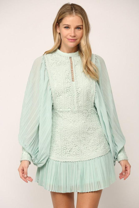 Mint Pleated Sleeve Lace Dress.